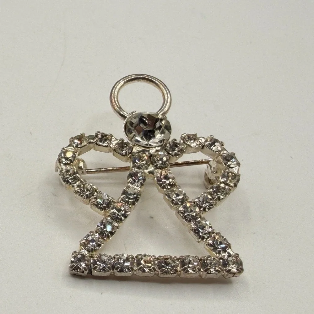 Rhinestone Angel Brooch Silver Tone Halo Christmas Holiday Statement Gift Pin